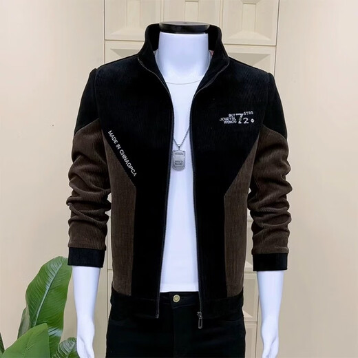 LAXSESU2025 Spring and Autumn New Men's Jacket Plus Velvet Autumn and Winter Slim Stand Collar Color Matching Casual Youth Jacket Apricot Style Regular XL 121-140Jin Jin is equal to 0.5 kg