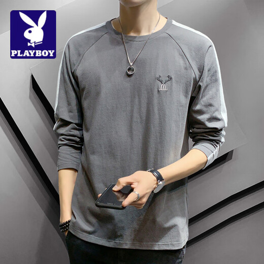 花花公子;PLAYBOY长袖t恤男春秋季2025新款打底衫纯色上衣宽松休闲百搭圆领卫衣男 DS692白色 M (约90-110斤可穿)