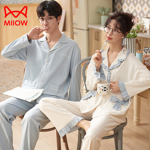 Cat Man (MiiOW) Spring and Autumn Couple Cotton Long Sleeve Pajamas Autumn Couple Clothing Women's Men's Loose Home Clothing 2025 Set AM=Female 34103-Male 34104 3XL Male