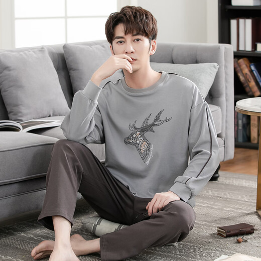 Modal men's pajamas spring and autumn style teenager round neck long sleeves full fat plus size casual loose home clothing set 8LF9928 L 170 weight 120-140Jin [Jin equals 0.5 kg]