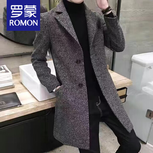 ROMON woolen coat men's windbreaker mid-length autumn and winter Korean style men's clothing Korean style trendy woolen slim coat 998 gray cotton XL 125Jin Jin equals 0.5kg -140Jin Jin equals 0.5kg