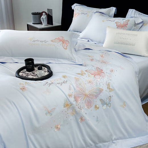 Mercury series light luxury and high-end sense 180-count satin long-staple cotton four-piece set 100% cotton pure cotton quilt cover 2025 new bedding 4 Class A maternal and infant grade pure cotton 100% Si-Sky Blue 1.8 Sheet Style Four-piece Set Quilt Cover 200*230