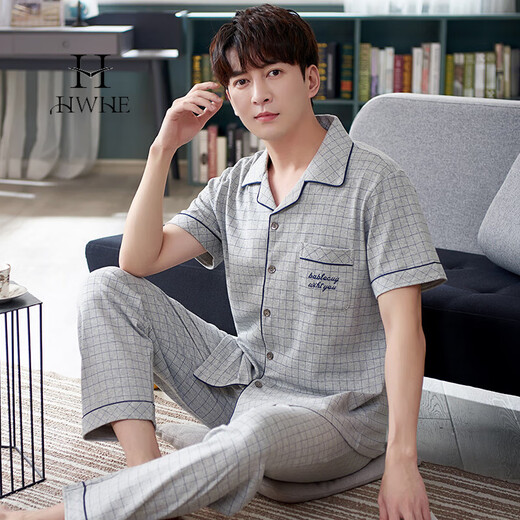 
HWHE light luxury brand short-sleeved pajamas men's 2025 summer new pure cotton trousers thin middle-aged dad's home clothing set 9864 dark blue XL (175 size) recommended height about 175, body
