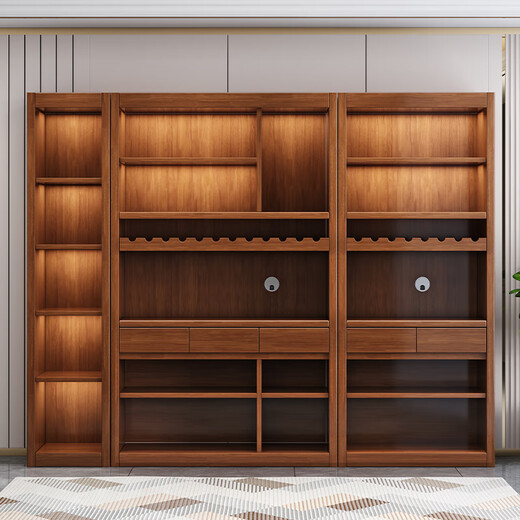 Mu Tisen Chinese solid wood wine cabinet integrated wall display cabinet modern simple living room screen partition cabinet glass door entrance cabinet five-door wine cabinet + single-door side cabinet Default walnut color (remarks for other colors)