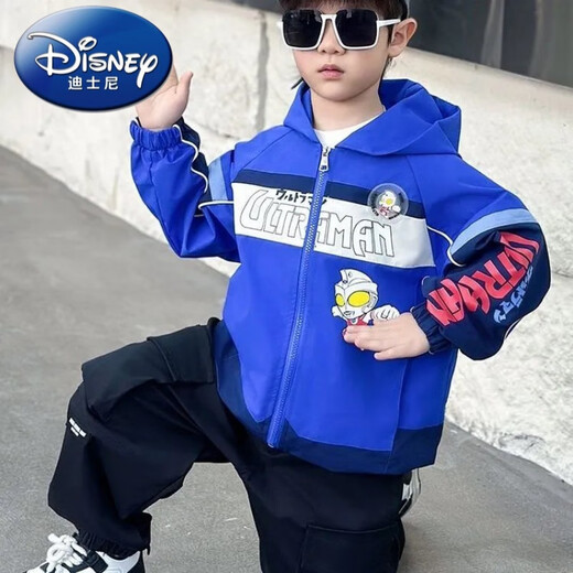 Disney (Disney) Disney Boys Ultraman Jacket Spring New Children's Handsome and Fashionable Hooded Color Blocking Windbreaker Kids Color Blocking Ultraman Blue 80