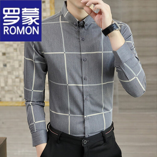 ROMON shirt men's spring and autumn high-end plaid casual long-sleeved thin high-end shirt business slim-fit trendy inch shirt 9922 khaki XL (120-135Jin[Jin equals 0.5 kg])