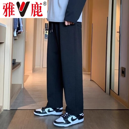 雅鹿裤子男春秋季款薄款潮牌休闲裤宽松直筒阔腿长裤 黑色【春秋款】 常规 高品质 XL 【120-140斤】
