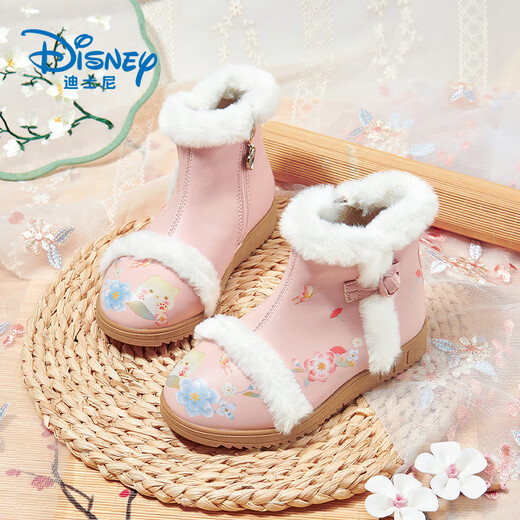 Disney children's shoes, Chinese style girls' Hanfu shoes, sweet winter plus velvet short boots, retro cotton boots DP22160 pink 31