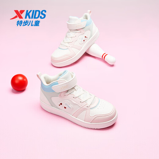 特步童鞋儿童板鞋女童中大童革面新年款耐磨拼色鞋萌趣装饰魔术贴板鞋 帆白/纯净粉 36