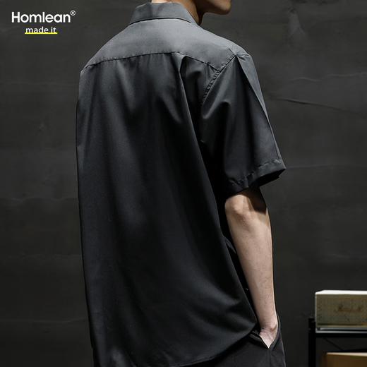 Homlean日系文艺短袖衬衫男春夏季纯色基础款凉感半袖衫HL12黑色XL