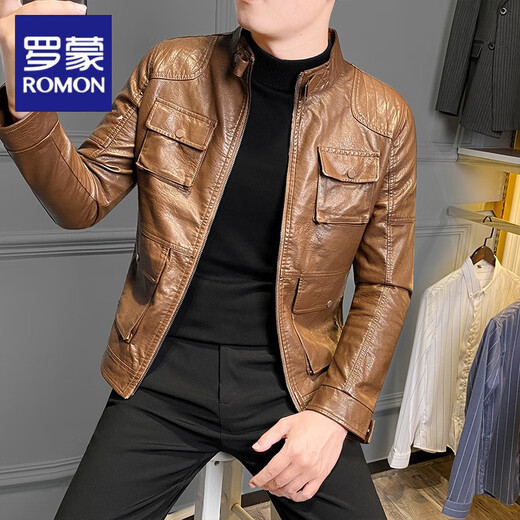 ROMON Men's Leather Jacket Pu Leather Motorcycle Jacket Spring and Autumn 2025 New Men's Top Spring Handsome Men's Black Velvet 2XL Recommended 150Jin Jin is equal to within 0.5kg