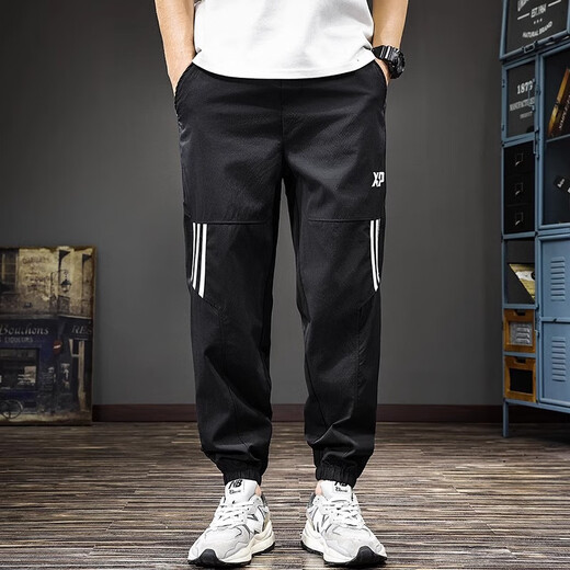 Guxiansen striped ice silk casual pants for men's summer thin sports Harem pants trendy brand loose tying feet nine-point pants light gray XL [130-150Jin [Jin equals 0.5 kg]]