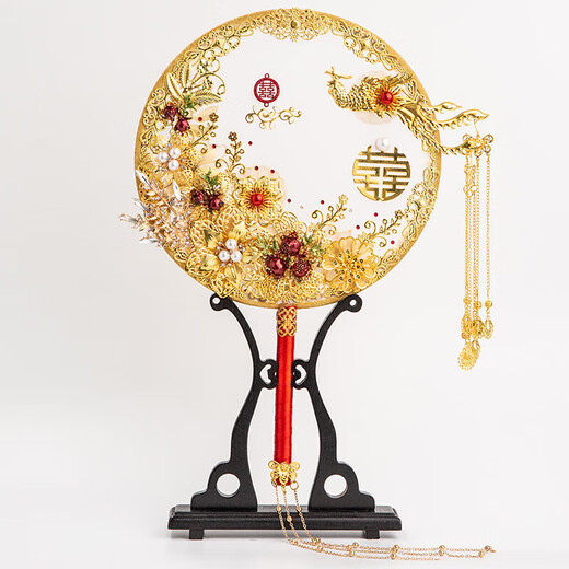 LISM新娘结婚礼扇子出嫁手捧花中式古风团扇秀禾服手工喜扇diy材料包 B款金凤成品 (+扇架礼盒六件套)