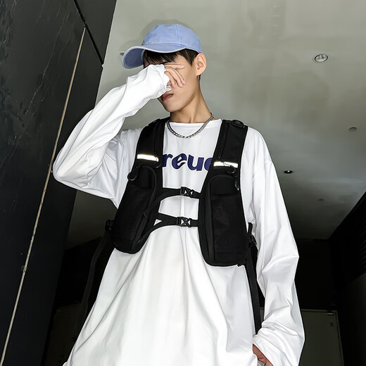 Jingmengyuan trendy cool dark functional style tactical workwear vest bag reflective lightweight cycling running storage mobile phone bag black