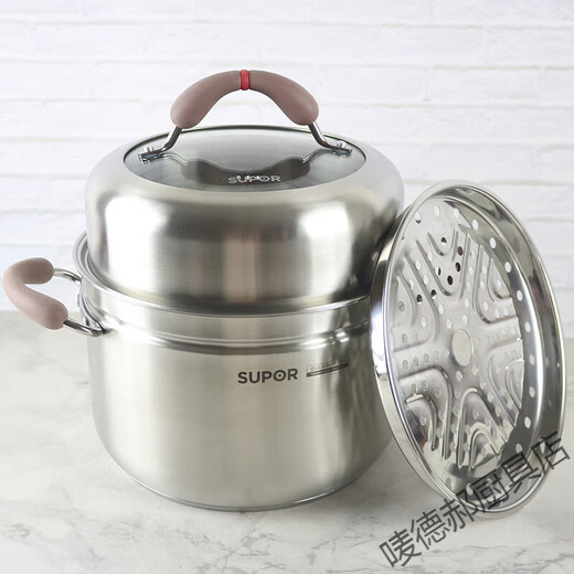 Supor soup pot small steamer 304 stainless steel with double bottom and thickened small red ring to prevent scalding for cooking porridge RT24AA2 RT26AA2 standard 26cm free of charge