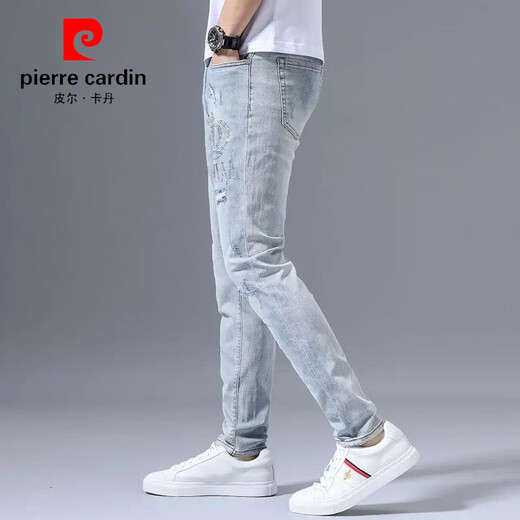 皮尔卡丹（pierre cardin）春秋季弹力牛仔裤男士破洞刺绣2025潮流修身小脚浅色百搭长裤子 浅蓝色3890皇冠破洞裤 30 【建议110-125斤】
