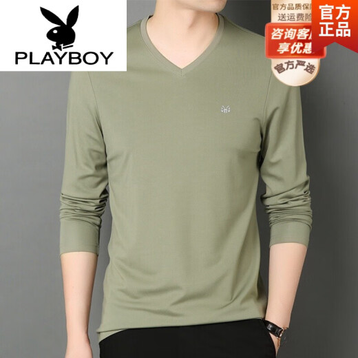 花花公子（PLAYBOY）品牌高端男装 2021春秋季V领桑蚕丝长袖T恤男莫代尔鸡心领打底衫 BB1506黑色 XL 180/115