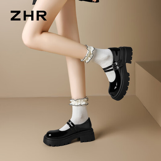ZHR Single Schuhe Frauen süßer Spiegel JK Schuhe Frauen Dicke Sohle Mary Jane Schuhe Retro Britische Lederschuhe KN36 Black 37