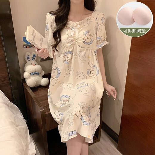 Yuan pekying Nachthemd mit Brustpolster Sommer Frauen 2025 Neues kurzärmeliges Pyjama Frauen-Heimkleidung Langes Prinzessinstil Kleid 9871 Pacha Hund [mit Brustpolster] 2xl 130-150jin [Jin gleich 0,5 kg]