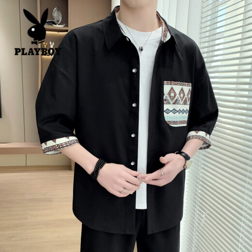 花花公子（PLAYBOY）轻熟风短袖衬衫男士夏季外套潮牌度假痞帅慵懒休闲冰丝七分袖衬衣 838米白 L