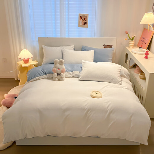 Red bean milk velvet quilt cover 150x200cm single piece winter thickened warm double quilt cover coral velvet bed four-piece set milk white + baby blue double-sided warm velvet thermal storage and warmth single quilt cover-200x230cm