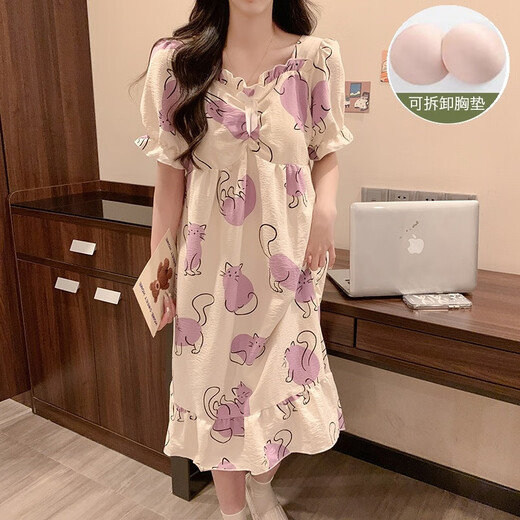 Yuan pekying Nachthemd mit Brustpolster Sommer Frauen 2025 Neues kurzärmeliges Pyjama Frauen-Heimkleidung Langes Prinzessinstil Kleid 9871 Pacha Hund [mit Brustpolster] 2xl 130-150jin [Jin gleich 0,5 kg]