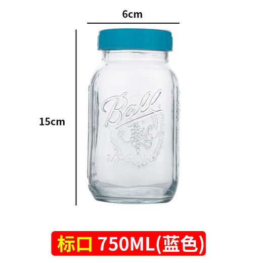 FANCYCHIC【681件】梅森可蒸煮玻璃密封罐果酱罐头蜂蜜瓶储物罐隔夜燕麦杯 【Ball】蓝色盖 2个 650ml【Ball满口容量】有杯
