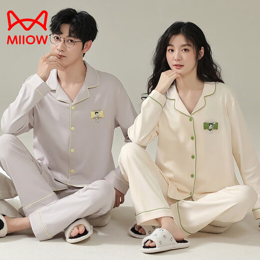 Cat Man (MiiOW) Spring and Autumn Couple Cotton Long Sleeve Pajamas Autumn Couple Clothing Women's Men's Loose Home Clothing 2025 Set AM=Female 34103-Male 34104 3XL Male