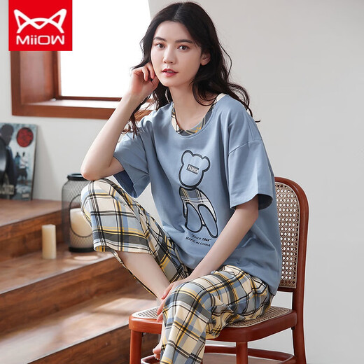 Catman Miiow Pure Cotton Pyjamas für Frauen Frühling und Sommer kurzärmelige Hosen lässige losen Frauen koreanische Heimkleidung für Herbst tragen