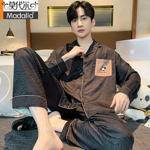 Modal Light Luxury Pyjamas für Männer Frühling und Herbst Sommereis, dünne Seide Langarmhose Lose großer Seide 2025 Neues Set 838# V-förmiger Bären-Mist Gray [grau Seide] XL [120-150jin [Jin gleich 0,5 kg]]]