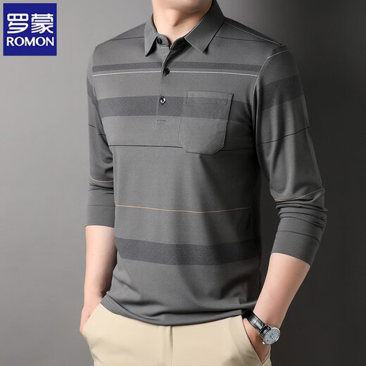 ROMON long-sleeved T-shirt men's spring and autumn new casual and versatile trend middle-aged and elderly elastic anti-wrinkle base shirt polo shirt top S6625 dark gray XL (recommended 140-155Jin [Jin equals 0.5 kg])