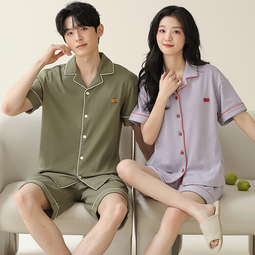 
LangSha couple pajamas summer short-sleeved shorts simple cardigan can be worn outside for men and women's cotton home clothes summer X12706-12806 2XL men's style