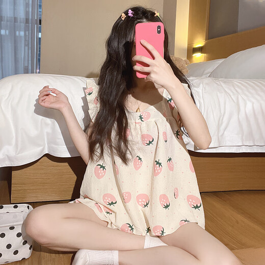 Langsha (Langsha) gewebter Hosenträger Pyjamas für Frauen im Sommer 2025 Neues japanisches süßes loses Mädchen Sommer-Kleidungsstück Set 841-23 L [95-120jin [Jin ist 0,5 kg]]