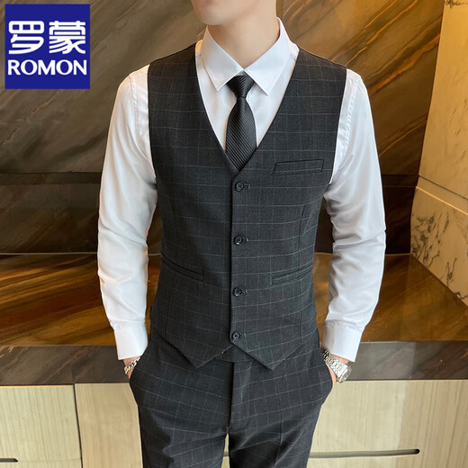 ROMON plaid suit suit male groom wedding suit three-piece groomsmen suit slim Korean style casual formal jacket dark gray three-piece suit free tie XL (120~135Jin Jin equals 0.5kg)