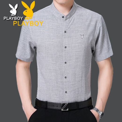 花花公子（PLAYBOY）中年男棉麻立领短袖衬衫衣夏季薄款宽松大码商务爸爸装圆领衬衣寸 咖红 Z6636格子咖红 S 165/84A