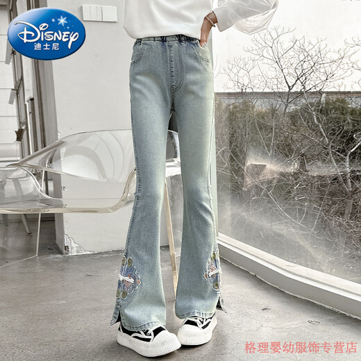 Disney girls' new Chinese style pants, big children's bell-bottom pants, 10 children's spring and autumn clothing, 13-year-old junior high school students' early autumn jeans 679 light blue spring and autumn style 160 cm
