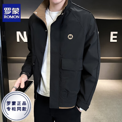 ROMON stand-up collar thickened jacket men's autumn and winter new cotton youth casual workwear cotton top jacket men black thickened 2XL recommended 140-155Jin Jin equals 0.5 kg