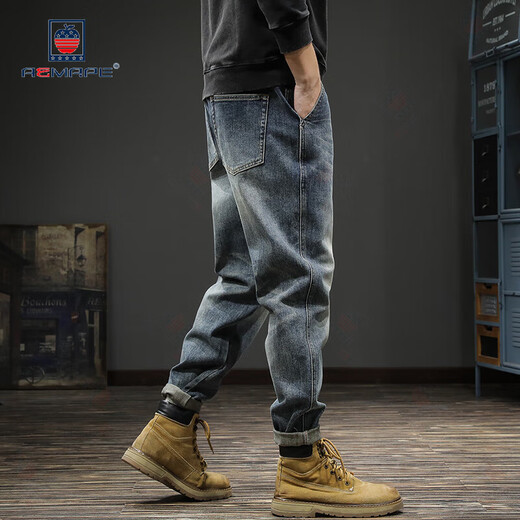 AEMAPE jeans men's summer fashion brand washing and old embroidered loose straight pants American retro Harunt trousers retro blue 28 suitable weight 90-110Jin [Jin equals 0.5 kg]