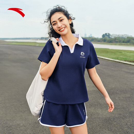 Anta [Gleicher Stil wie Zhang Yufei] Lapel-Freizeitanzug für das Kurzärärmel-T-Shirt-Shorts für Frauen im Sommer College zweiteiliger Sportswear Maya Blue-2 S