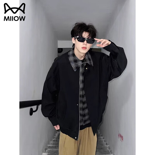 Cat Man Jacket Men's Autumn and Winter Maillard Wear Fake Two-Piece Plaid Plus Velvet Thickened Large Size Jacket Lapel Baseball Clothing 1802 Brown XL (Recommended 140-160 Jin Jin equals 0.5 kg)