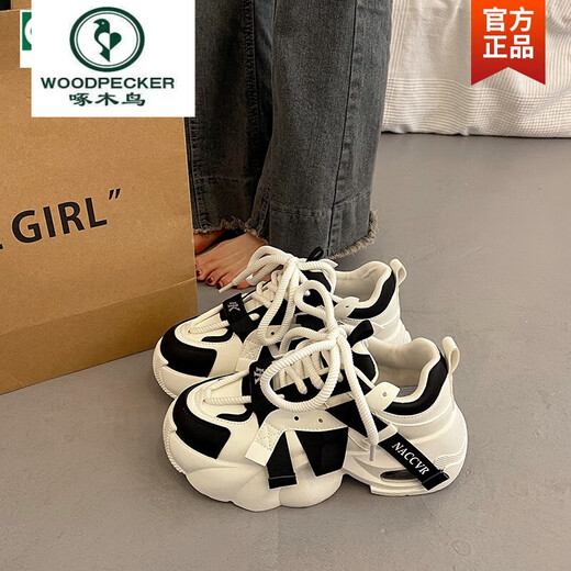 啄木鸟欧洲站显脚小厚底老爹鞋女春秋季炸街增高2025新款韩系休闲运动鞋 米白色 38