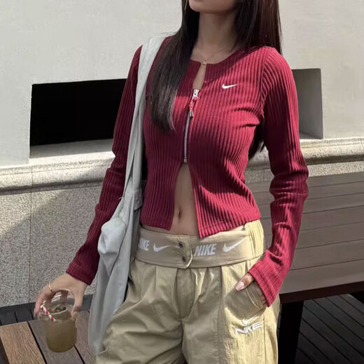 耐克（NIKE）外套女装春秋款V领修身鱼骨收腰运动服长T恤上衣 HV8459-677暗红 M