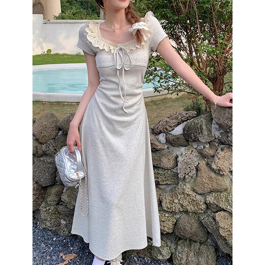 GOCHIEI summer niche design lady style lace splicing lace versatile waist short sleeve square collar temperament mid-length skirt lace-up mid-length skirt M recommended 90-105 Jin Jin equals 0.5 kg