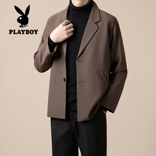 Playboy (PLAYBOY) black shoulder pad blazer men's light mature style drape anti-wrinkle casual handsome business style small suit GM brown W21 suit L