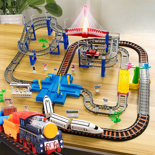 Tren de alta velocidad para niños Track Tack Track Simuled Rail Electric Car 3 Ni de dos años, 4 años, Baby Toy Boy Sound and Light-City Double Bridge Track [Caja de regalo] Versión de carga-Tren eléctrico + 2 carruaje + automóvil