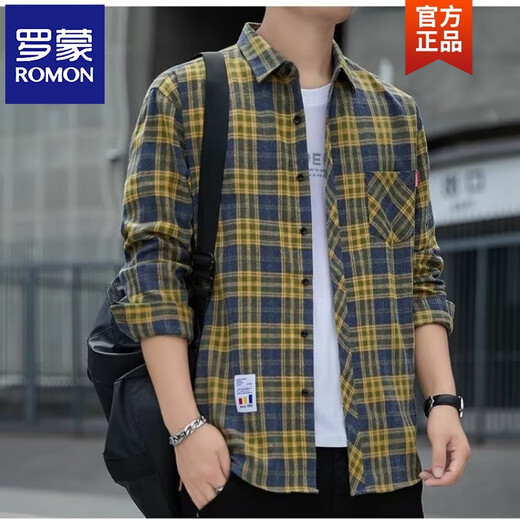 罗蒙（ROMON）格子休闲衬衫男士春秋季长袖衬衣韩式上衣服复古宽松夏季薄款外套 K12111紫灰色 M 90-110斤