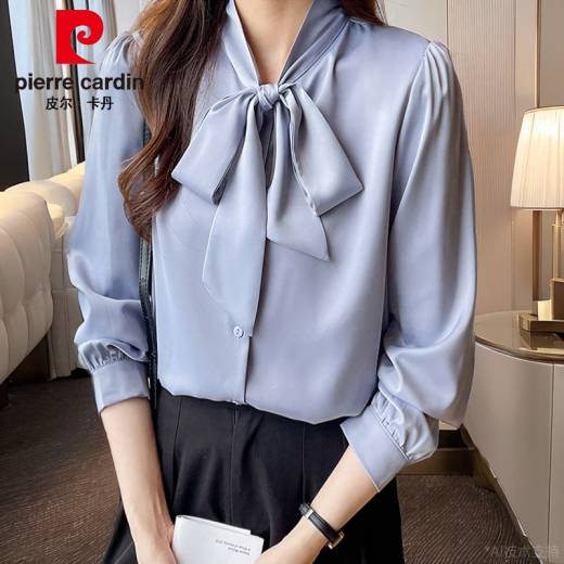 皮尔卡丹（pierre cardin）杭州真丝衬衫女长袖春装新款法式蝴蝶结衬衣感抗皱桑蚕丝上衣 蓝色9276款 L :105-115斤