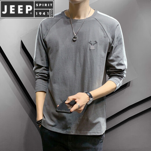 Jeep Spirit Herren-Langarm-T-Shirt-Frühling und Herbst neue Basishemd Trendy Lose und vielseitiger runder Nackenpullover lässig Top DS692 Aprikosen M (ca. 90-110 Jin [Jin Equals Equals Equals Equals) kann getragen werden)