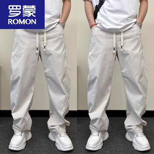 罗蒙（ROMON）弯刀裤男士春秋薄款速干休闲裤直筒宽松阔腿裤显高显瘦痞帅哈伦裤 米白色 145-165斤 XL