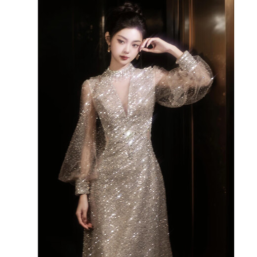 Little Deer Halter Neck Evening Dress Pink Heavy Industry Skirt 2025 New Temperament Adult Socialite Annual Meeting Host Dress Pink Champagne XS